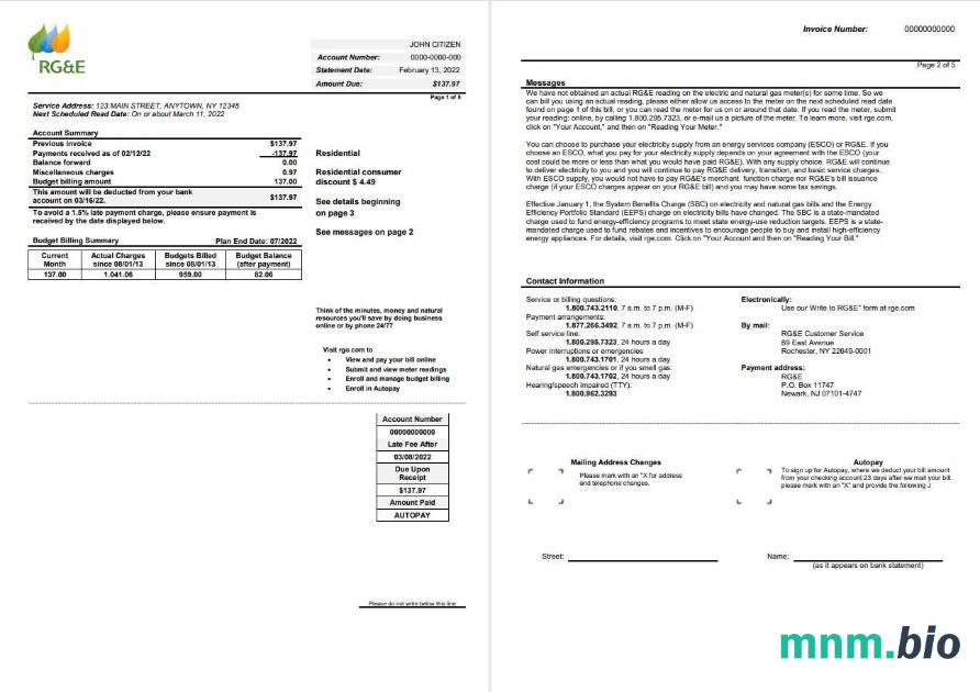 USA RG & e rachunek za media szablon w formacie Word i PDF (2 Strony) 1 2